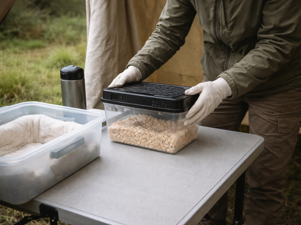 Wildlife rescue team member in a simple field station setting handling kiwi chick care supplies