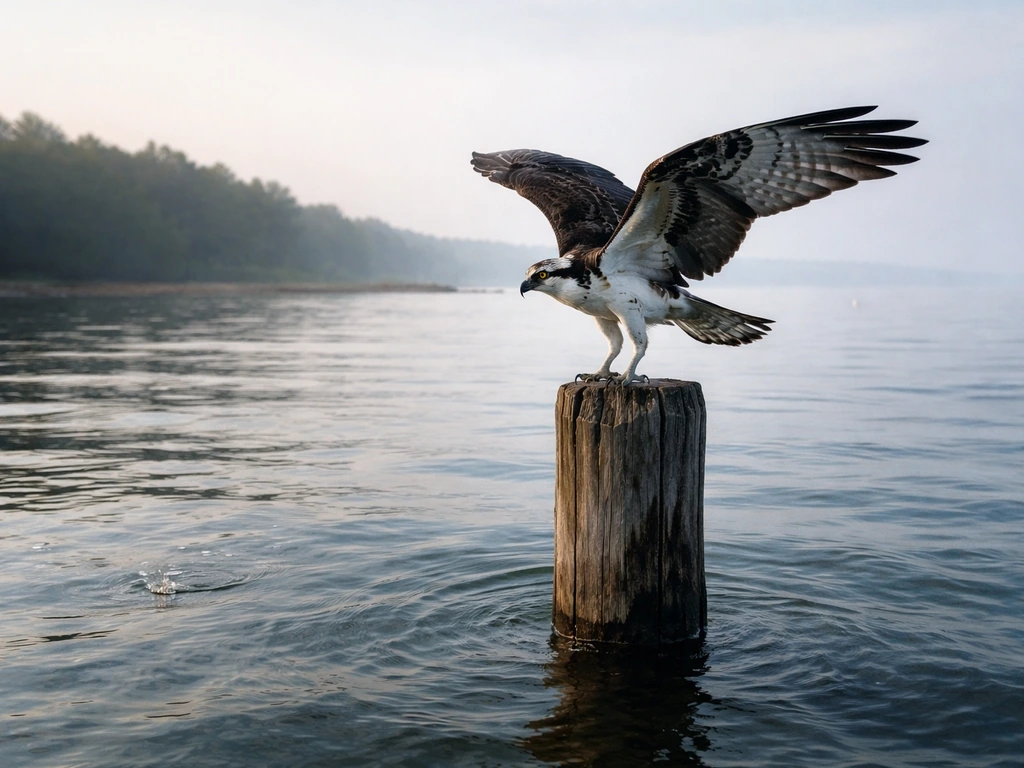 Osprey perched on a wooden piling at the edge of open water, wings partly spread in hunting posture.