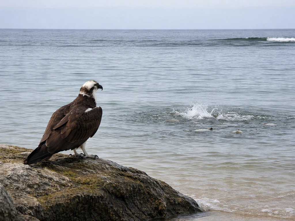 Osprey perched on a rocky shoreline, looking over coastal water where fish-catch is visible