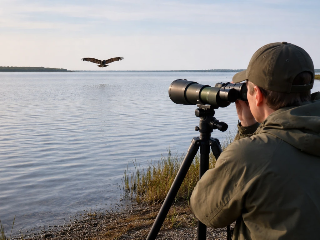 Person telescoping view from shore as an osprey hovers over a calm estuary or lake.