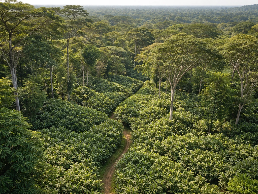 Aerial view of a lush cacao farm with layered shade canopy over dark green rows