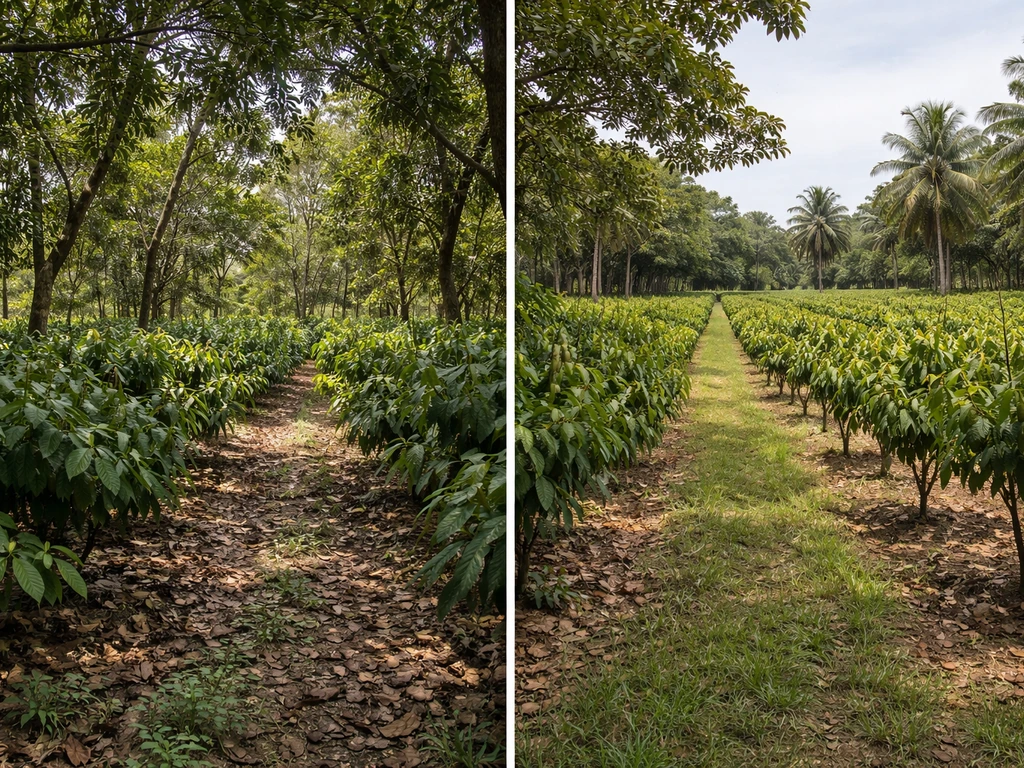 Split view of shaded multi-layer cacao canopy versus open sun monoculture cacao field.