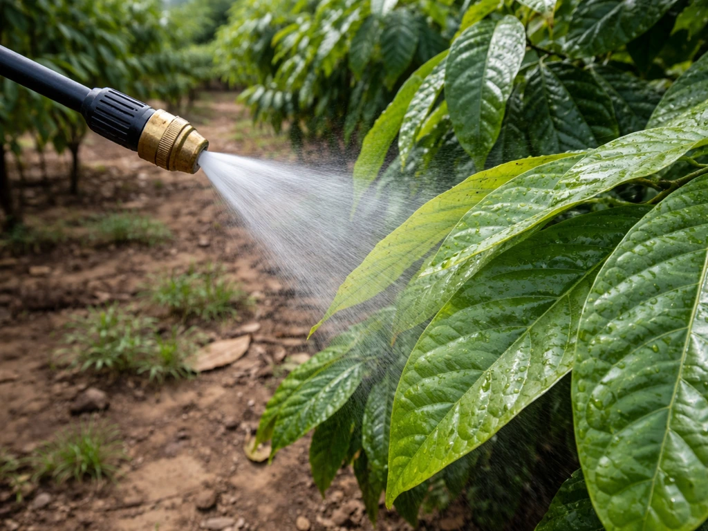 Macro photo of a sprayer nozzle misting pesticide onto cacao leaves over sparse groundcover.