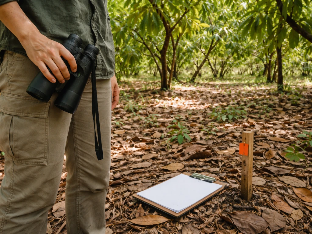 Observer with binoculars and blank notepad at a marked point in a cacao grove for bird counts