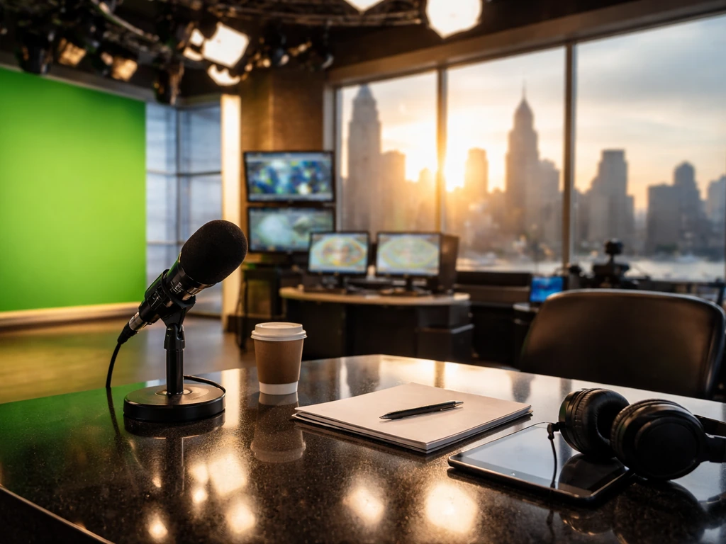 Minimal TV meteorology studio scene with microphone, headphones, and blurred Chicago skyline.