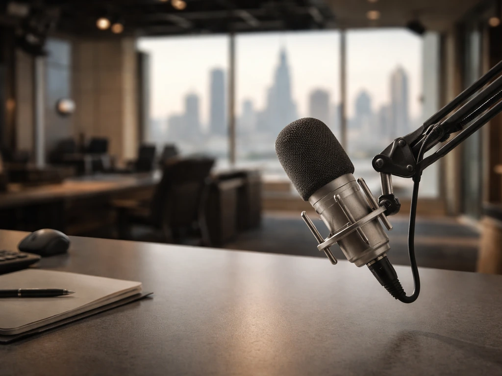 Unbranded microphone in a quiet broadcast studio with a softly blurred skyline in the background.
