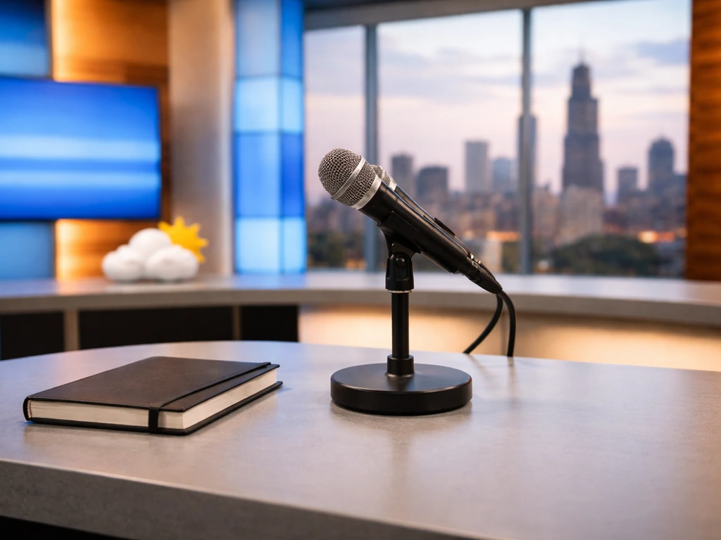 Anonymous TV studio desk with microphone and blurred skyline backdrop, suggesting local meteorologist income sources.