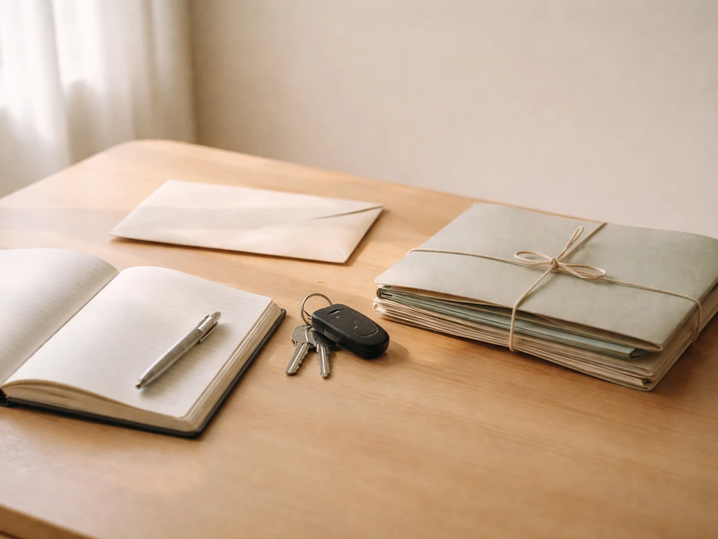Minimal desk scene with key fob and tied folders symbolizing mortgage and student loan liabilities.