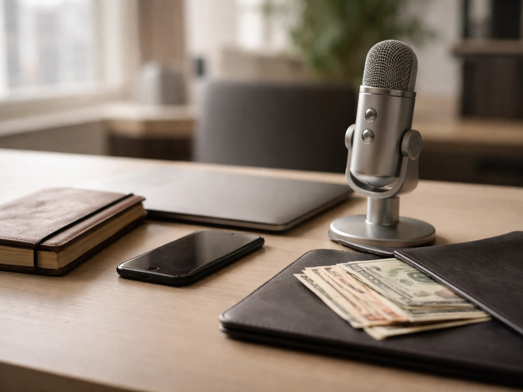 Minimal desk scene with laptop, microphone, and money symbolizing net worth calculations.