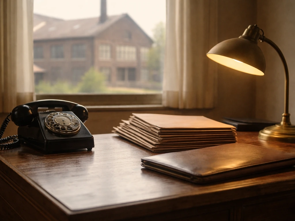 1970s-style office desk with rotary phone and documents, with a blurred mill exterior window behind.