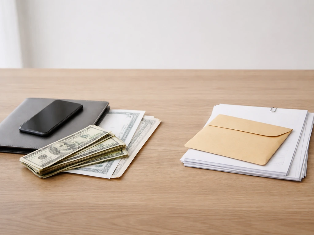 Minimal desk scene with cash and documents beside a folder of bills, symbolizing assets minus liabilities.