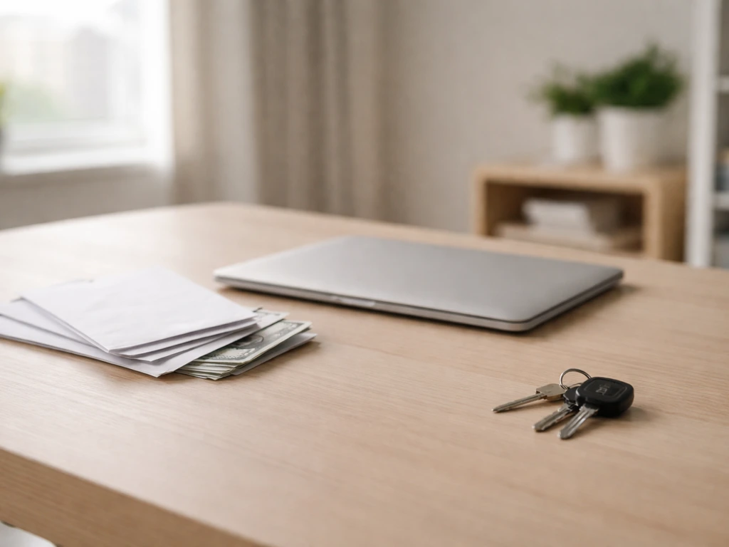 Minimal desk scene with scattered envelopes and a closed laptop, symbolizing differing financial estimates
