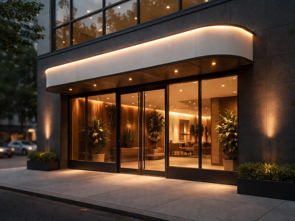 Modern restaurant headquarters facade with warm signage and an executive doorway, representing a fast-casual CEO founder