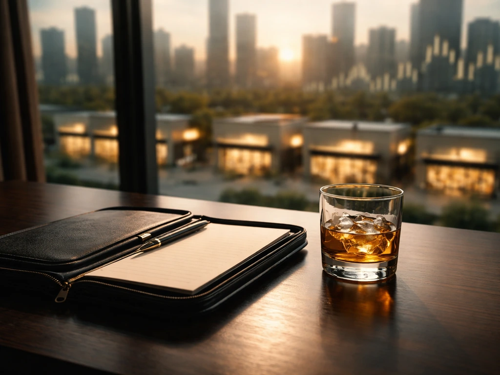 Luxury office desk with a faint out-of-focus franchise-growth skyline backdrop, conveying equity compensation.