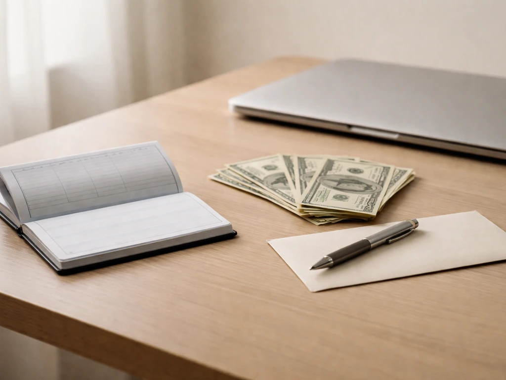Minimal photo of a tidy desk with a closed laptop, scattered bills, and a pen—symbolizing assets vs liabilities.