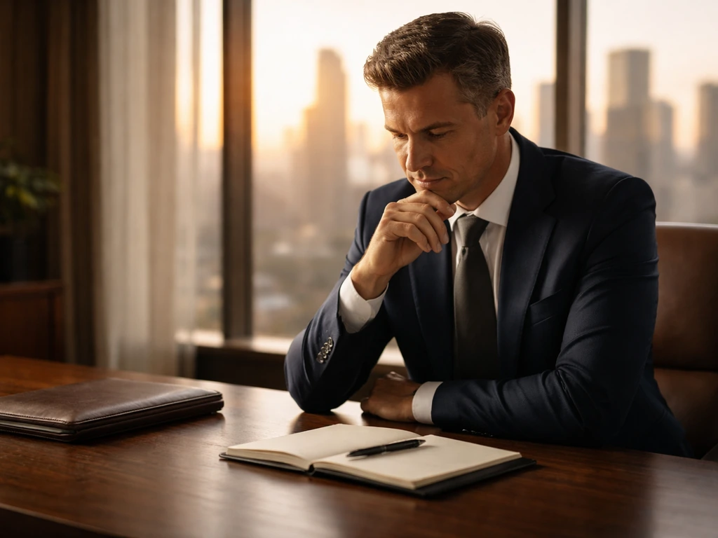 Anonymous businessman in a quiet luxury office with city view, suggesting a Greek-American investor background
