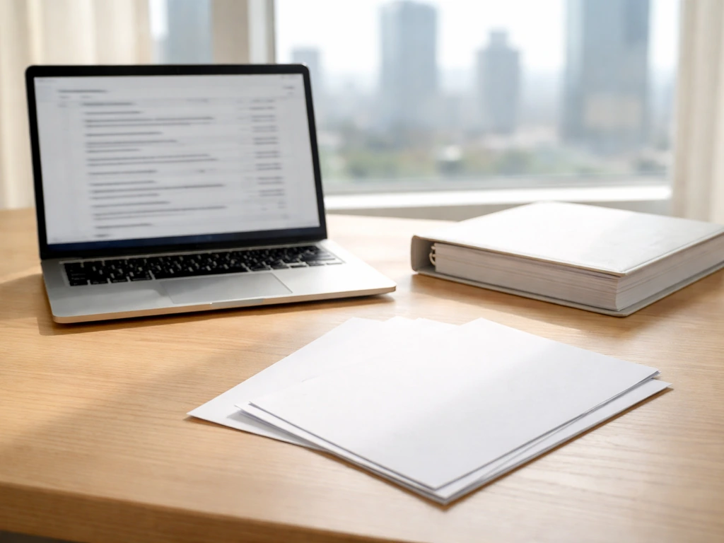Minimal desk scene with open laptop and blank mock SEC forms symbolizing a SPAC structure.