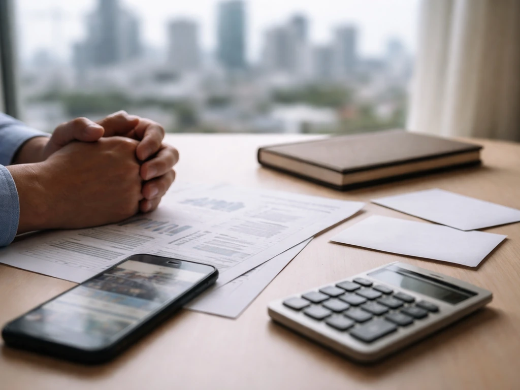 Minimal desk scene with scattered financial documents and a smartphone showing blurred news headlines