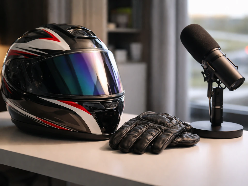 Helmeted motorcycle racer silhouette near a studio microphone, representing an Australian bike-racing disambiguation.