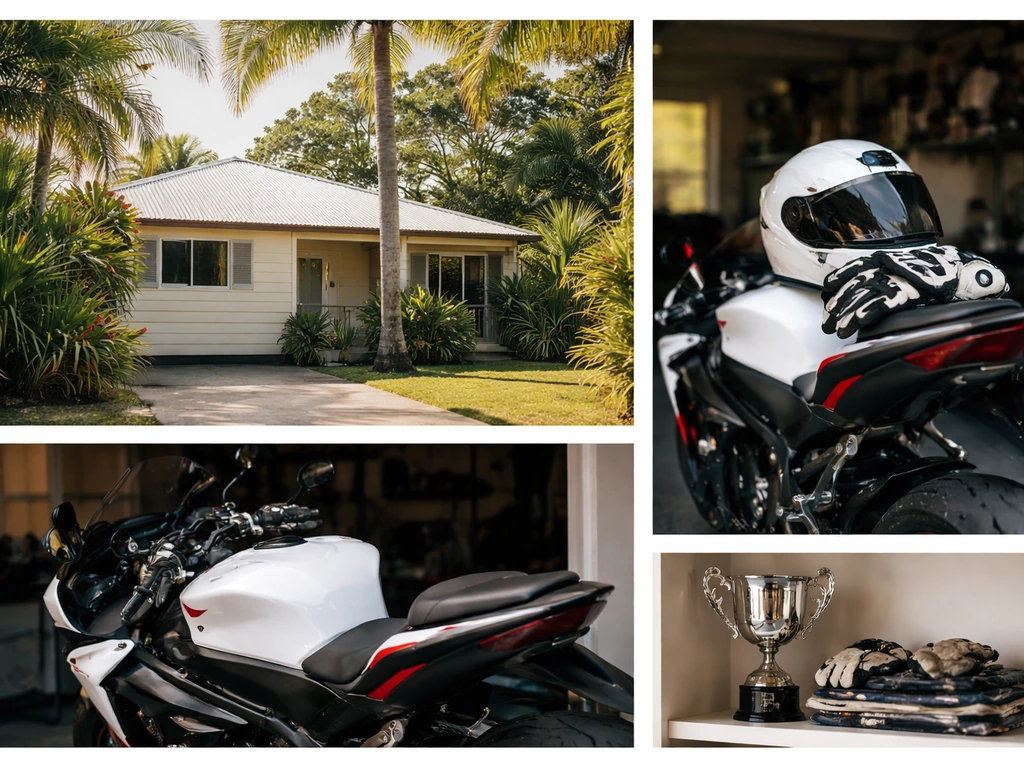 Three-panel collage: Queensland home exterior, motorcycle in a garage, and a championship trophy with memorabilia.