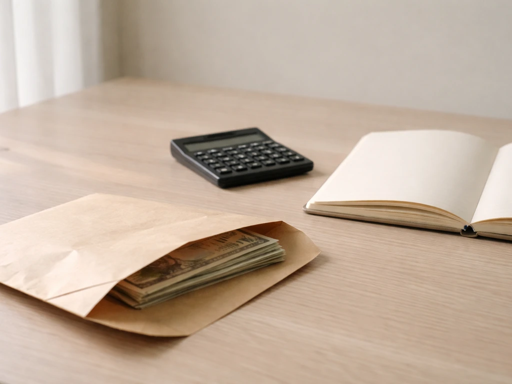 Minimal photo of a money envelope and calculator beside a notebook, symbolizing net worth estimation.