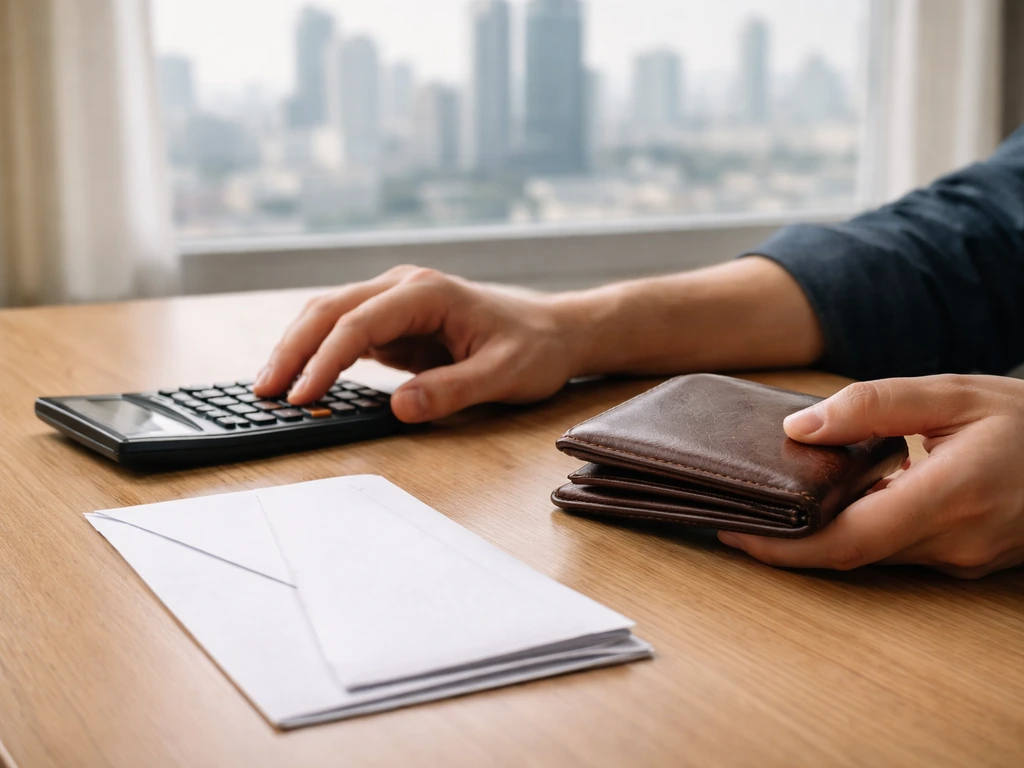 Minimal desk scene showing a calculator, wallet, and envelope with a blurred city skyline behind