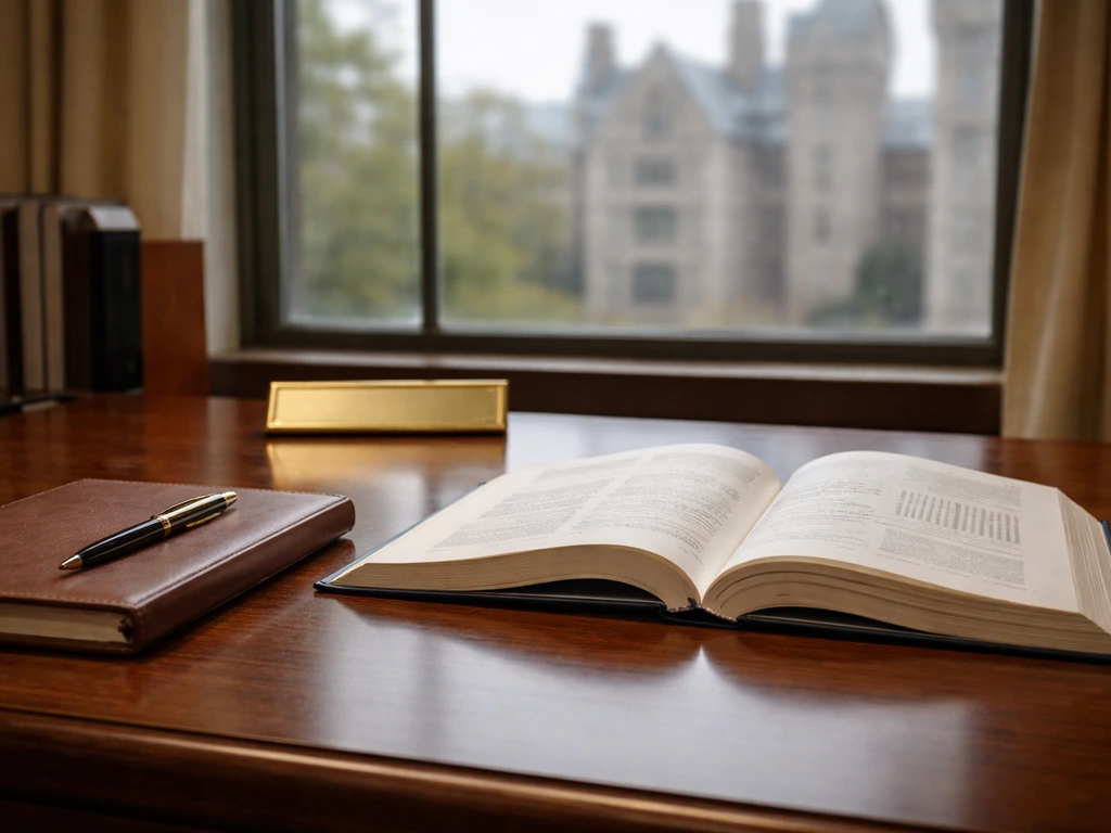 Minimal academic office desk with economics materials and a blurred university building outside the window.