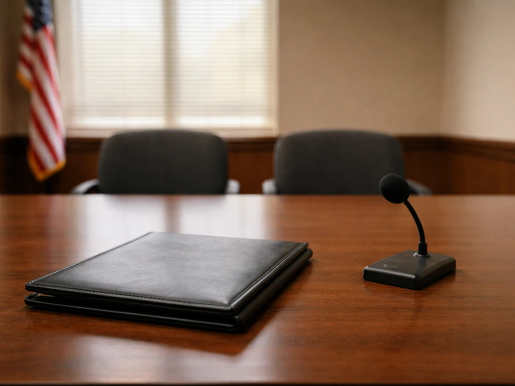 Empty government office meeting room with a desk microphone on a conference table