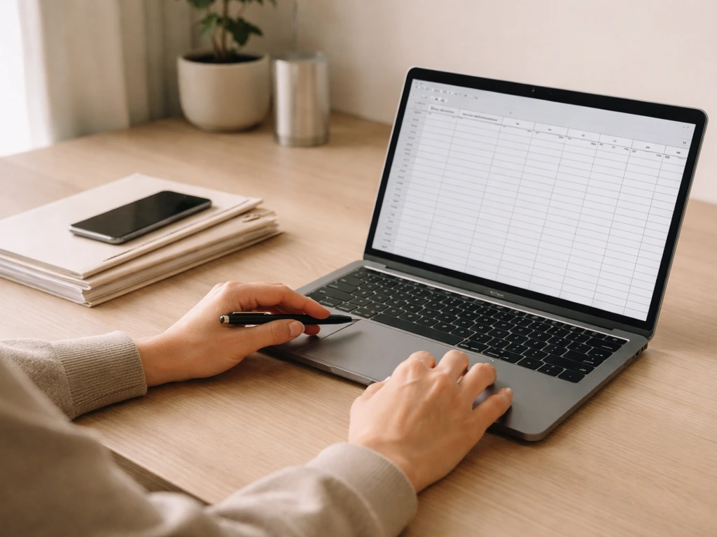 Hands reviewing an unlabeled spreadsheet on a laptop beside documents and a smartphone in natural light.
