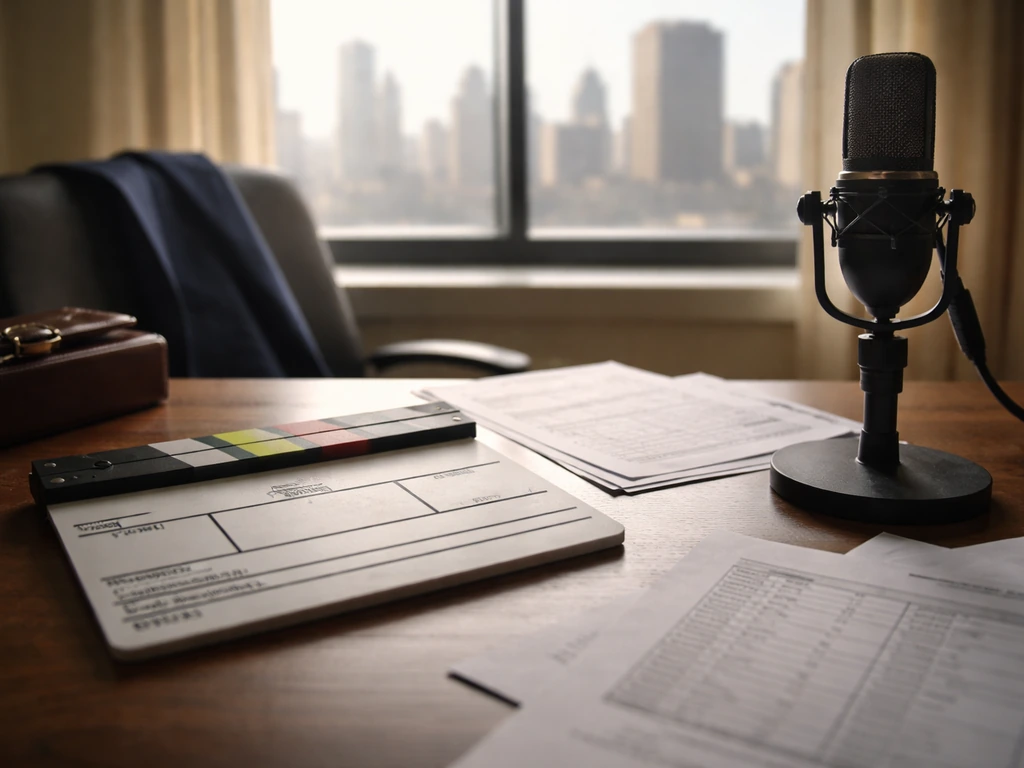 Minimal film-office desk scene with microphone and suit items, symbolizing media and money themes.