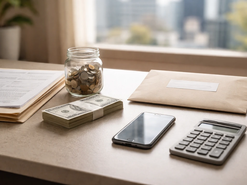 Minimal desk scene showing an assets vs liabilities theme with cash, documents, and a calculator