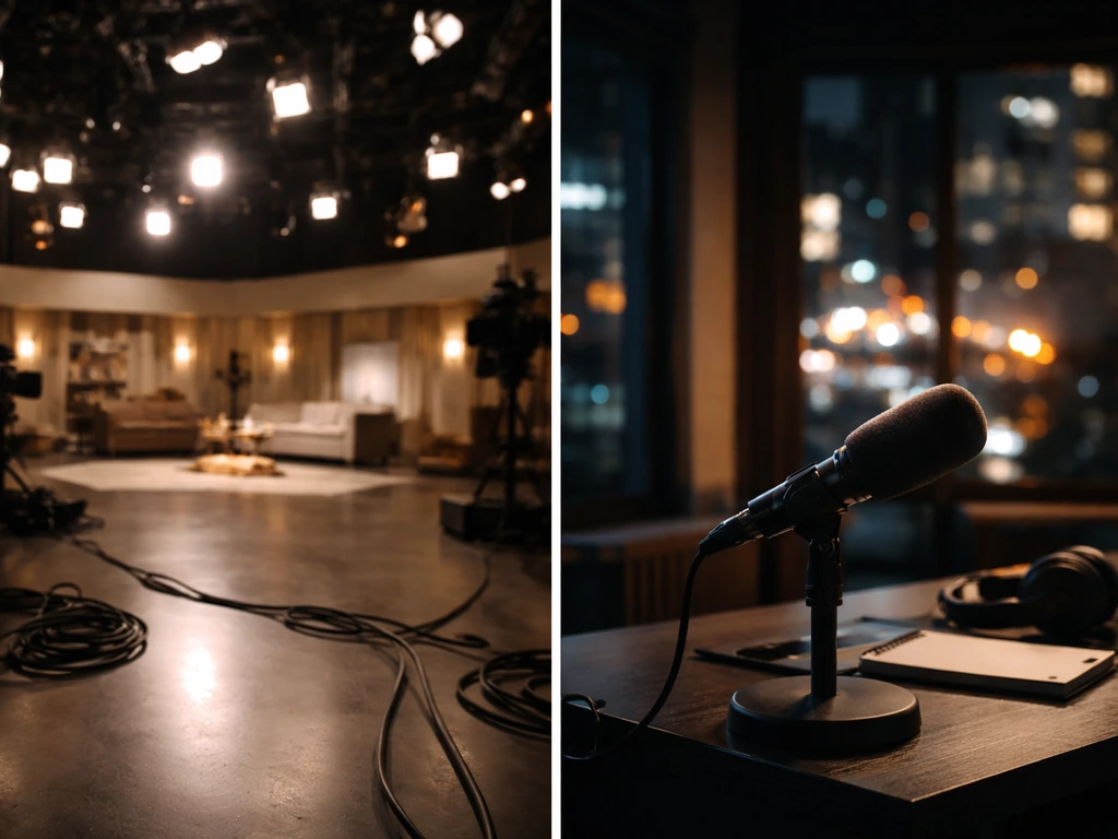 Minimal split-scene: TV set lights and a close-up microphone stand beside a studio window view