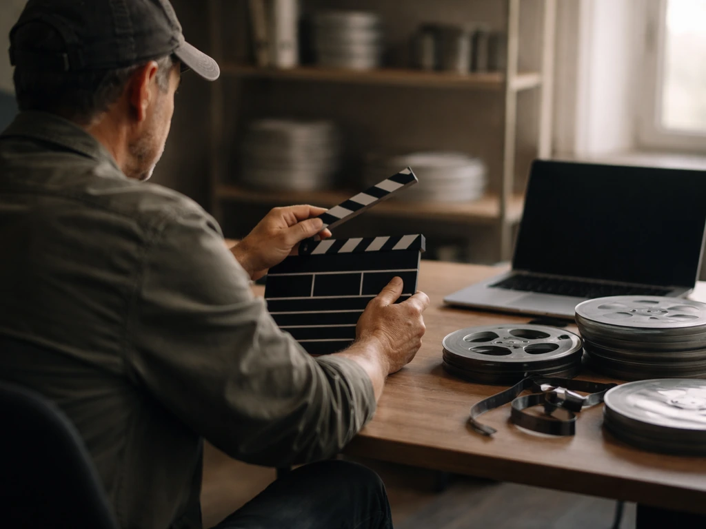 Anonymous film producer at a clutter-free editing desk with a clapperboard and movie reels