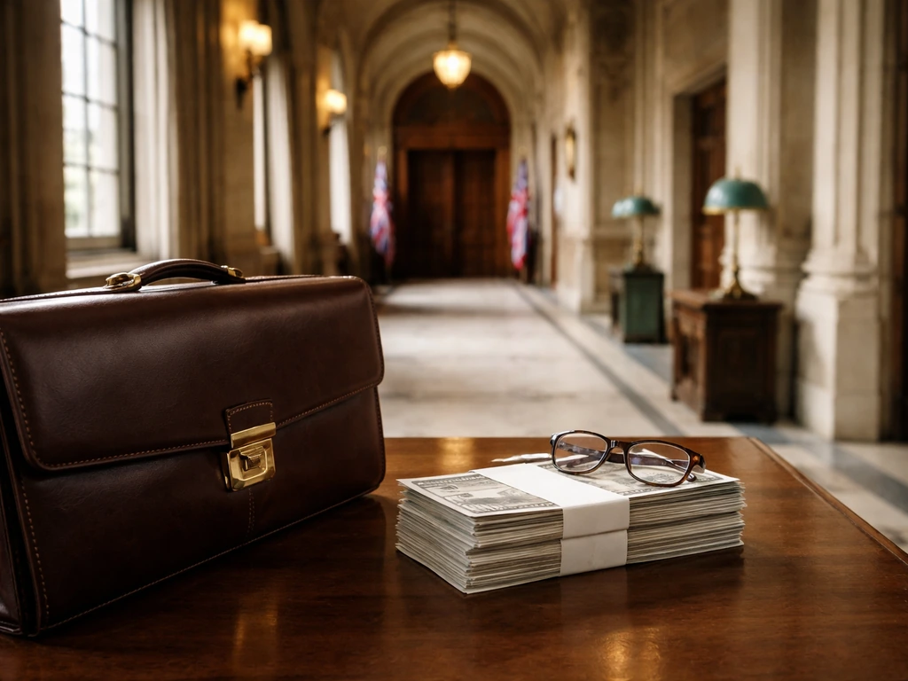 Empty UK political corridor with a leather portfolio and anonymous money symbolizing finance scrutiny.