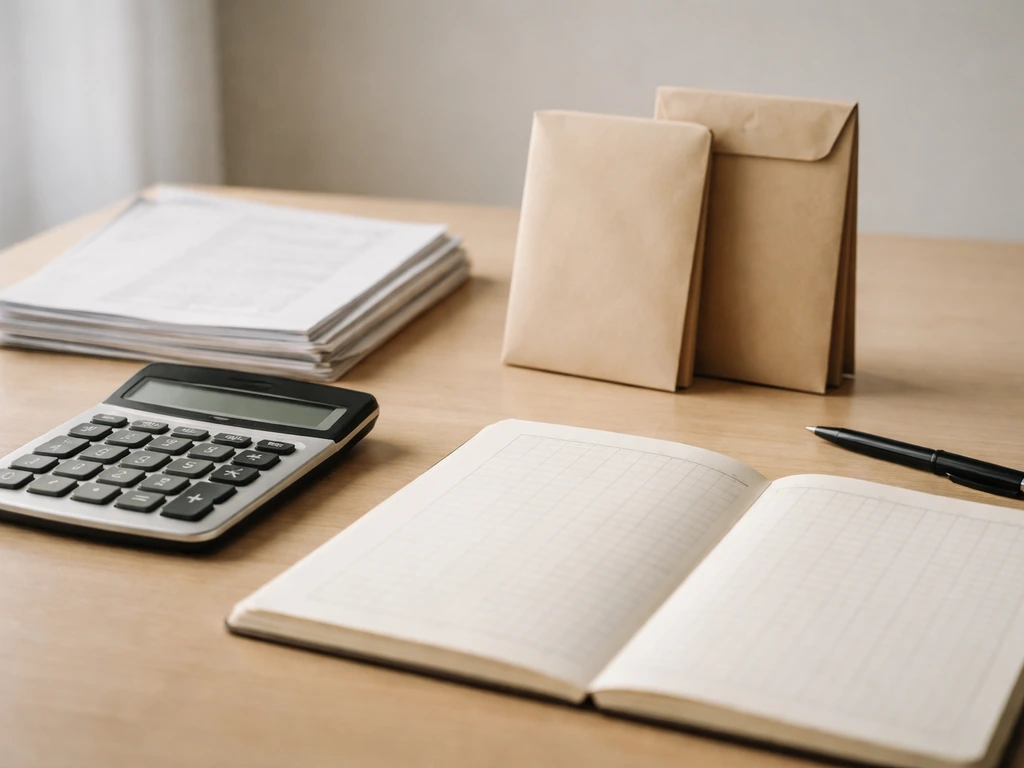 Close-up of calculator beside stacked financial documents and folders arranged like assets minus liabilities