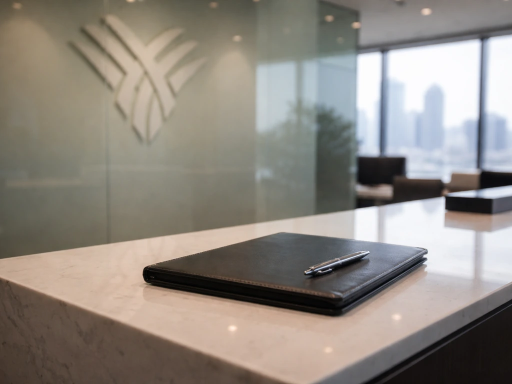 Close-up of a modern office reception desk with folders and an abstract emblem on glass.