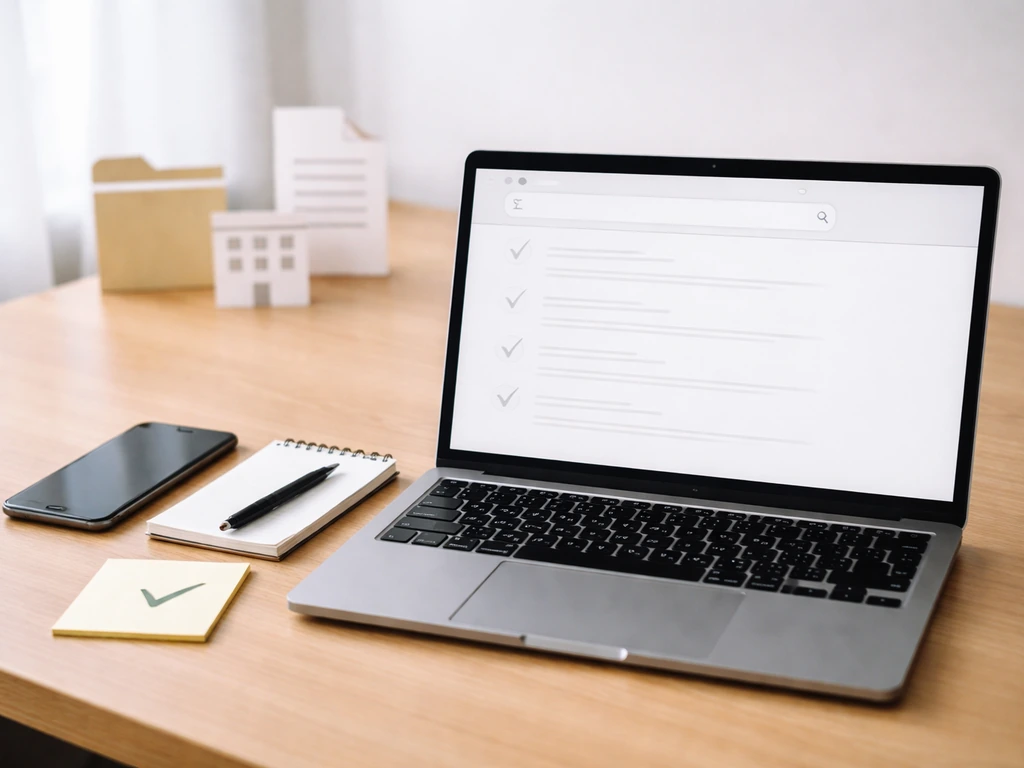 Desk scene with laptop and verification-themed icons/checkmark, symbolizing checking public records