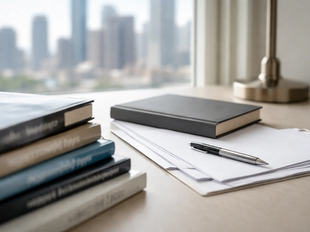 Minimal photo collage of indistinct book spines and a desk setup symbolizing an identifiable author brand