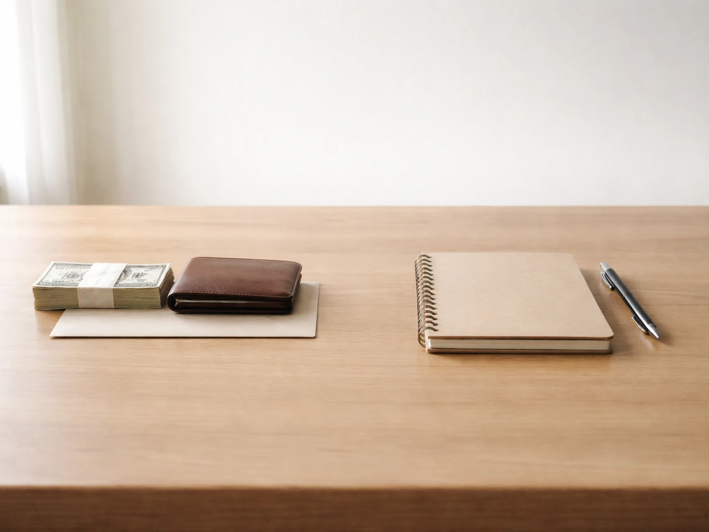 Minimal photo showing money and an expenses notebook on a desk, symbolizing assets versus liabilities.