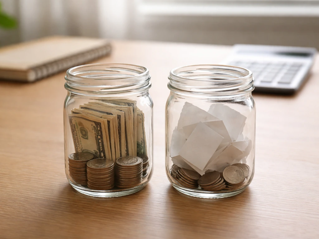 Two glass jars on a desk: one with cash and investments, the other with blank slips for uncertain items.