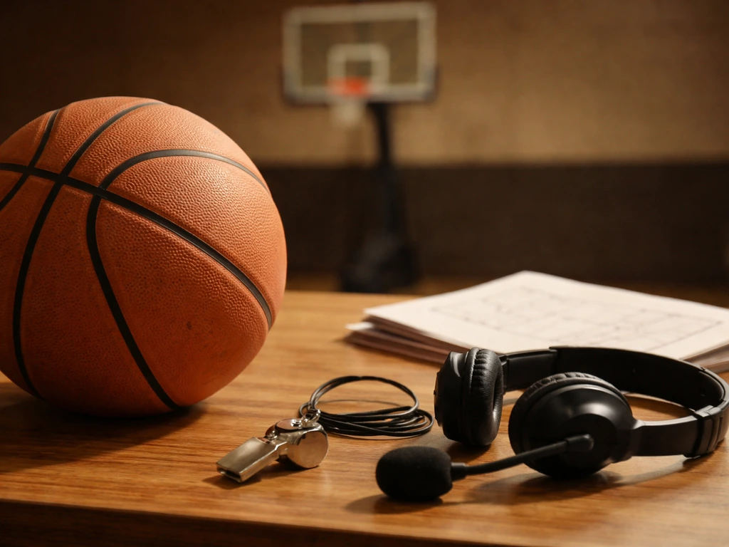 Basketball coach workspace with a basketball, whistle, and headset microphone in a quiet gym setting.