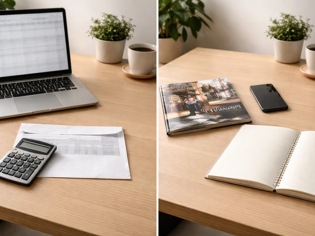 Two adjacent desk setups: documented salary-style materials vs vague estimate-style items, symbolizing net-worth sources
