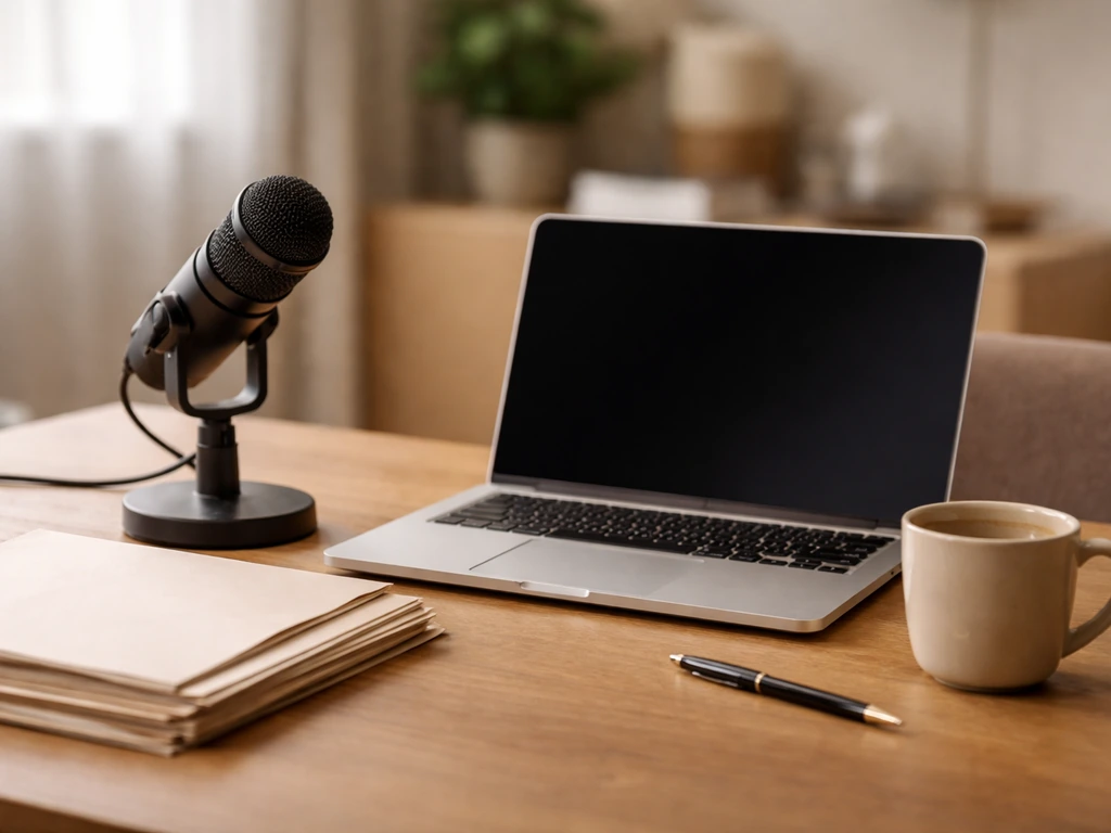 Minimal photo of a desk with a sports microphone and neatly stacked documents next to a coffee cup