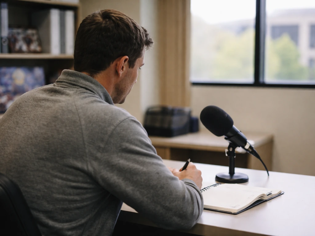 Anonymous professional in a university admin office with a notebook and microphone, blurred sports binders behind