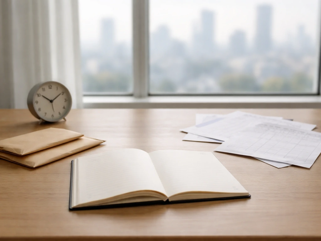 Minimal office scene with a notebook, cash envelopes, and blurred city view symbolizing shifting net worth over time.