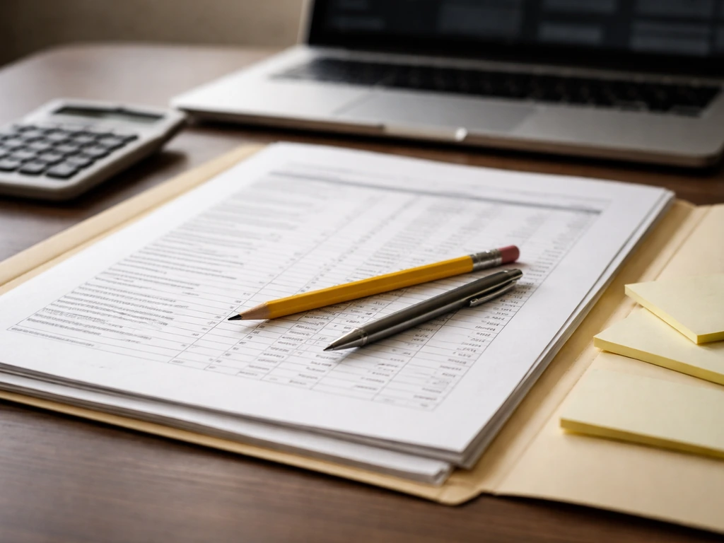 Close-up of an analyst’s desk with printed SEC-style paperwork, pen, and a calculator beside a laptop