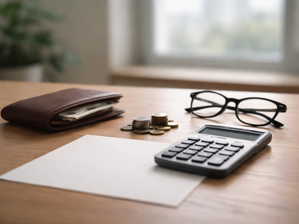 Minimal photo of a desk setup with cash and a calculator representing assets minus liabilities.
