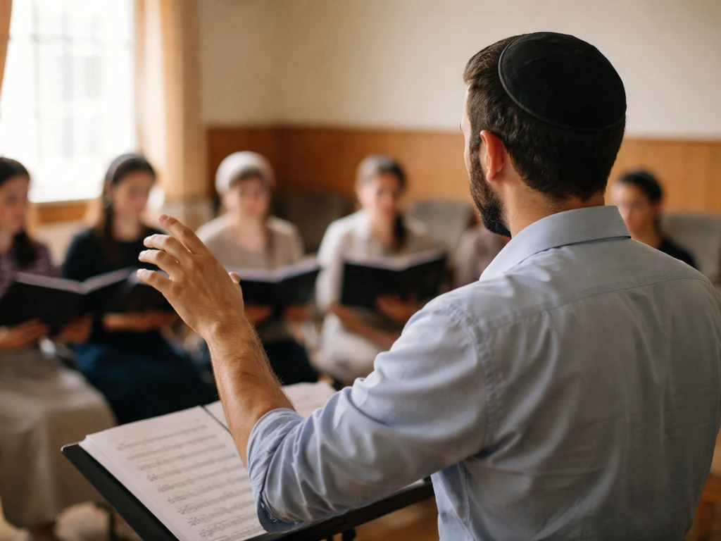 Anonymous Orthodox Jewish choir conductor directing singers in a rehearsal room.