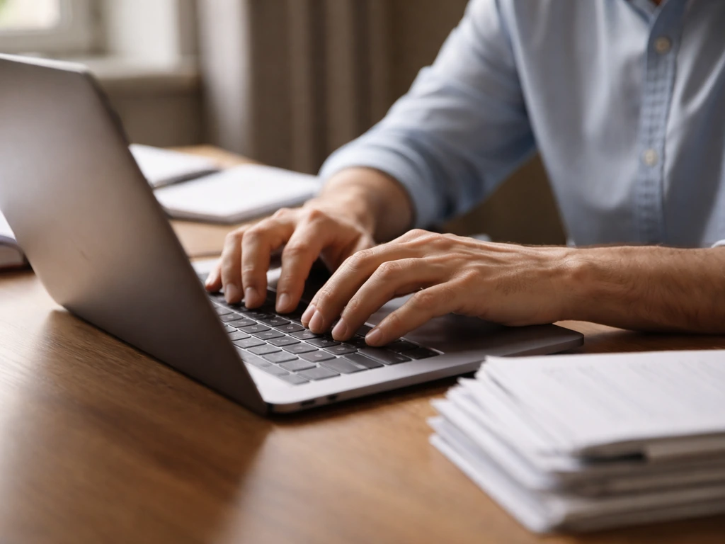 Hands typing on a laptop beside public-record style papers in a quiet home office