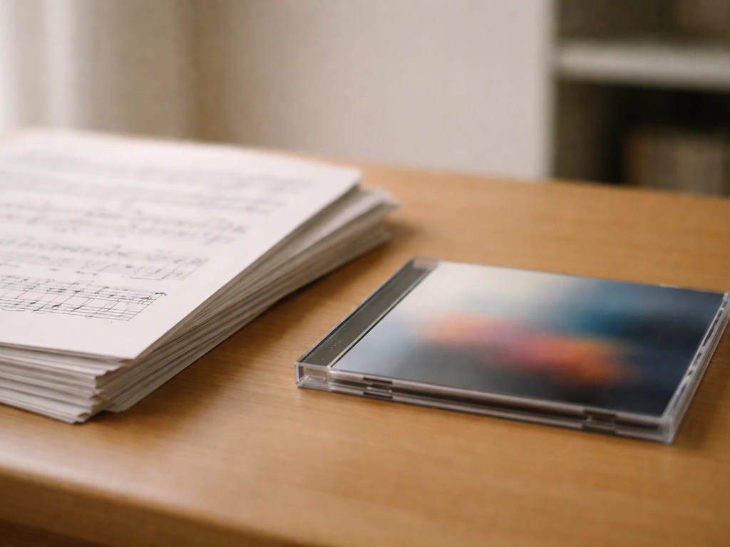Close-up of sheet music and a CD jewel case on a desk, symbolizing music catalog and royalties